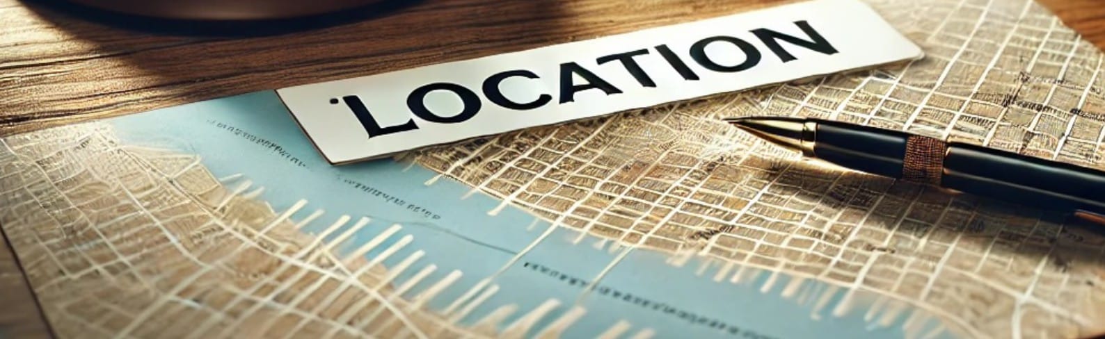 A wooden desk with a detailed city map, a magnifying glass resting on it, and a business card with the firm's name partially visible. A gavel and legal book sit nearby, symbolizing legal expertise. The softly blurred background suggests a welcoming law office with warm, professional lighting