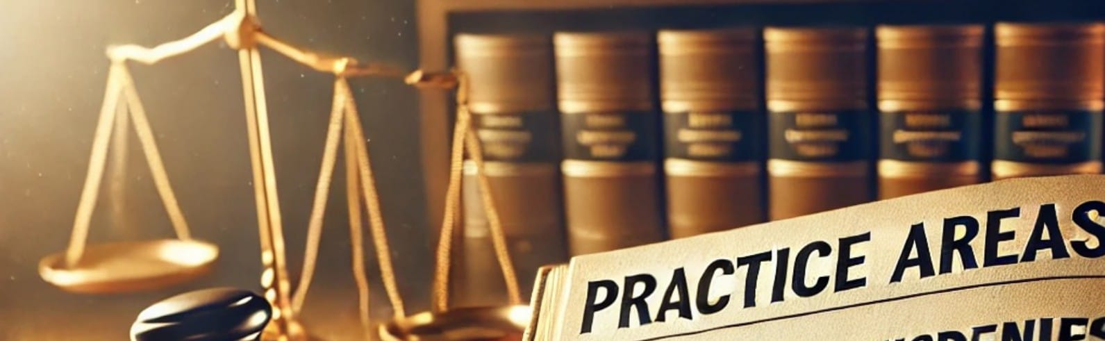 Law book labeled practice areas with scales of justice and legal books in the background.