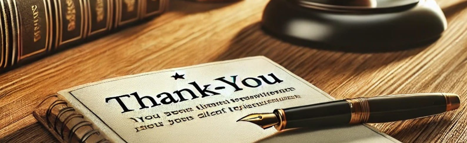 Thank you card with a pen on a desk beside legal books and a judge’s gavel.